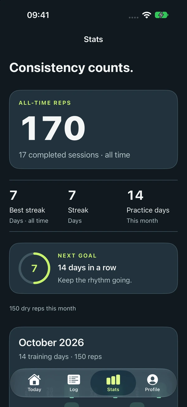 Ekte Pro-statistikk i appen med kalender og eksempeldata for trening.