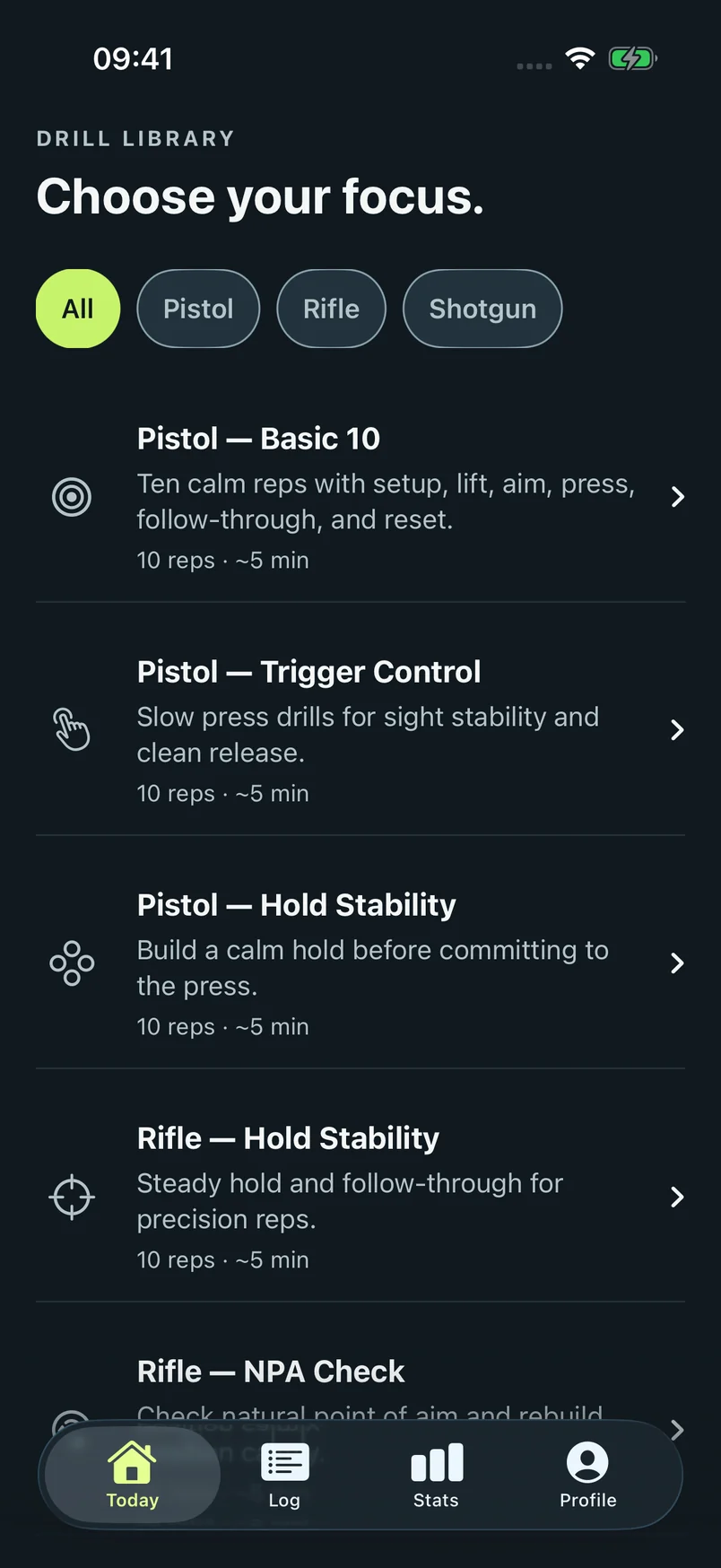 Drill library with pistol, rifle and shotgun filters and guided practice options.