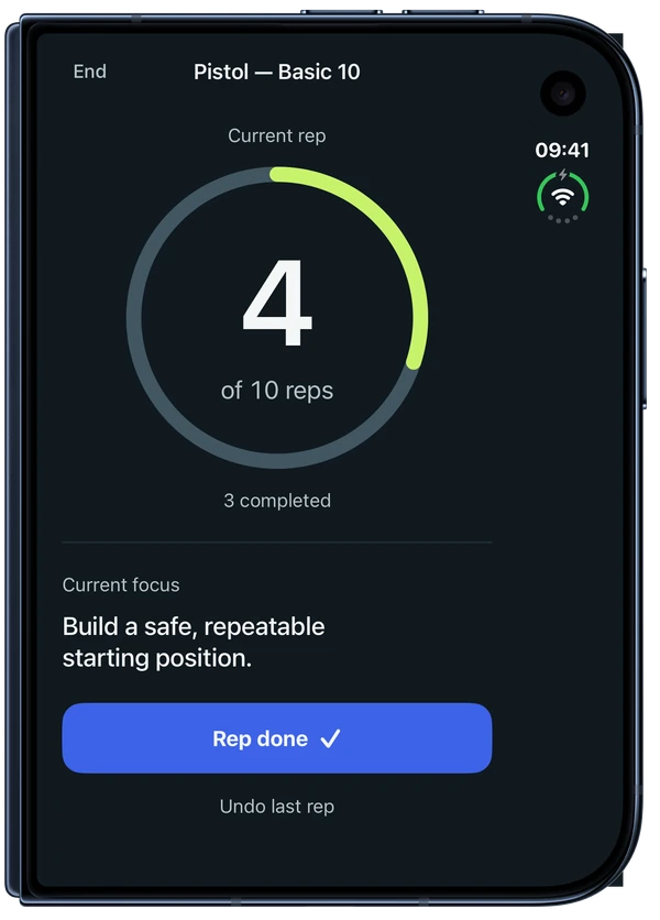 Closed iPhone Duo showing the compact practice screen, circular repetition progress and Rep done action.
