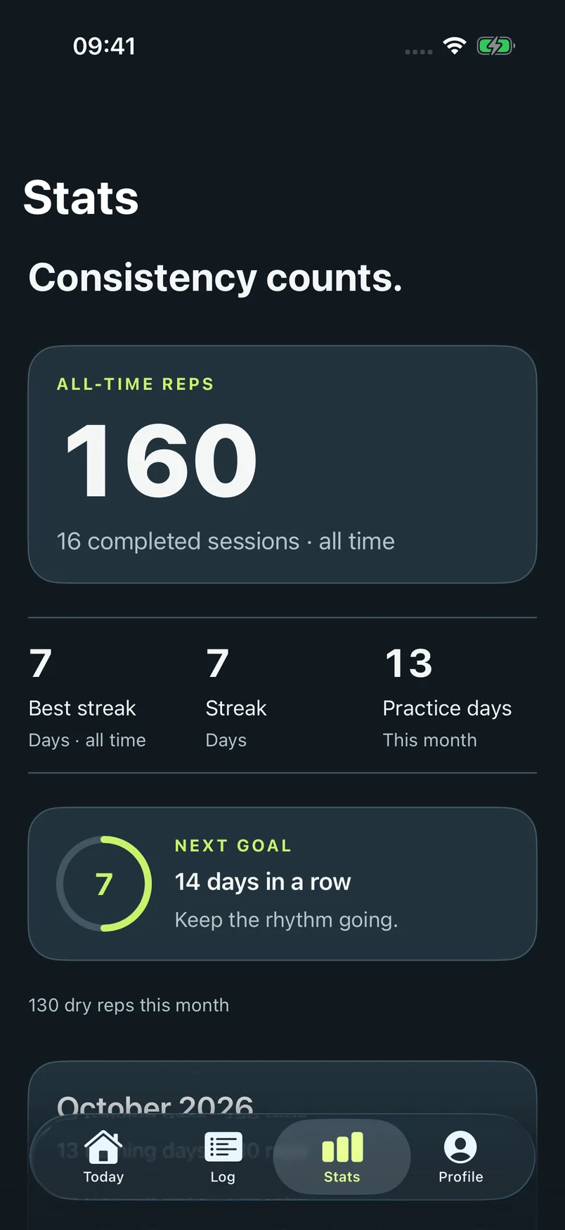 Illustrative Pro statistics screen showing sample repetition and session history.
